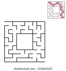 Black square maze with entrance and exit. An interesting and useful game for children. Simple flat vector illustration isolated on white background. With a place for your drawings. With the answer