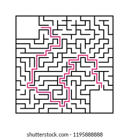 Black square maze with entrance and exit. An interesting and useful game for children. Simple flat vector illustration isolated on white background. With a place for your drawings. With the answer