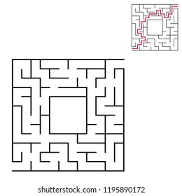 Black square maze with entrance and exit. An interesting and useful game for children. Simple flat vector illustration isolated on white background. With a place for your drawings. With the answer