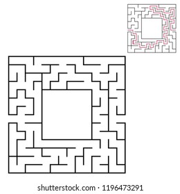Black square maze with entrance and exit. An interesting and useful game for children. Simple flat vector illustration isolated on white background. With a place for your drawings. With the answer
