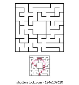 Black square maze with entrance and exit. An interesting and useful game for children. Simple flat vector illustration isolated on white background. With a place for your drawings. With the answer