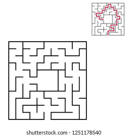 Black square maze with entrance and exit. An interesting and useful game for children. Simple flat vector illustration isolated on white background. With a place for your drawings. With the answer