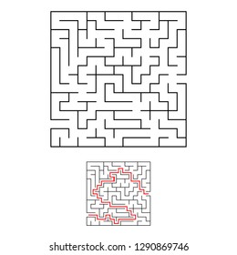Black square maze with entrance and exit. An interesting and useful game for children. Simple flat vector illustration isolated on white background. With the answer