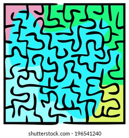 Black square maze on a many-colored background