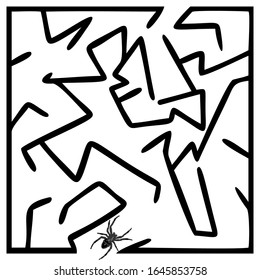 Schwarzes quadratisches Labyrinth mit Spinne auf weißem Hintergrund