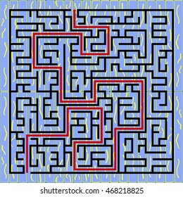 Black square maze(24x24) with help on a blue background