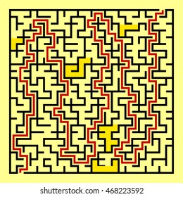 Black square maze(24x24) with help on a yellow background