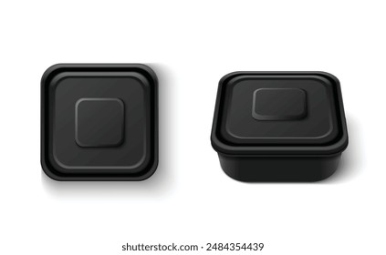 Envase de plástico cuadrado negro con tapa para el almacenamiento de alimentos. Conjunto de Ilustración vectorial 3D realista de maqueta de la caja de vista superior y lateral para mantener el producto y quitar el concepto. Paquete para el almuerzo.