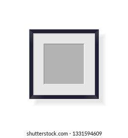 Black square plastic frame on white background with white mat and gray paper inside. Empty picture frame on transparent background.  Realistic vector image. Isolated  template  mockup.