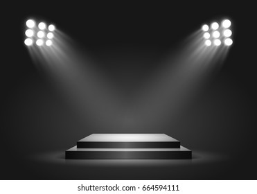 Black square podium on dark background. Empty pedestal for award ceremony. Platform illuminated by spotlights. Vector illustration.