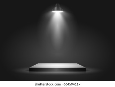 Black square podium on dark background. Empty pedestal for award ceremony. Platform illuminated by spotlights. Vector illustration.