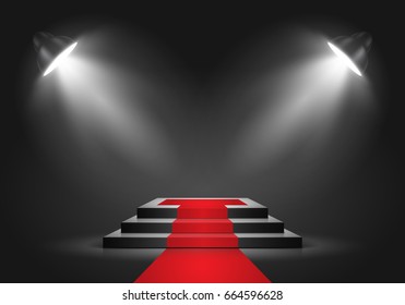 Black square podium on dark background. Empty pedestal with red carpet for award ceremony. Platform illuminated by spotlights. Vector illustration.