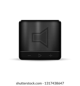 Black square portable wireless speaker on white background. Wireless mobile speaker system. Vector illustration.