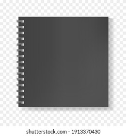 Black Square Realistic Mockup Of Notebook On Spiral Binder, Copybook Blank Cover. Clear Elegant Dark Men Notepad Or Sketchbook Front Page With Shadow