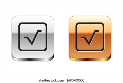 Icono de raíz cuadrado negro aislado en fondo blanco. Botón cuadrado dorado plateado. Ilustración vectorial