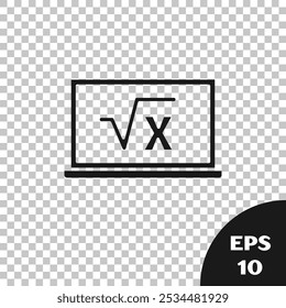 Raiz quadrada preta do glifo x no ícone de quadro negro isolado no plano de fundo transparente. Expressão matemática.  Vetor