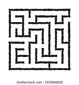 Black square rough vector maze isolated on white background. Easy labyrinth with one entrance and one right way. Vector maze icon. Labyrinth symbol. Kid's puzzle