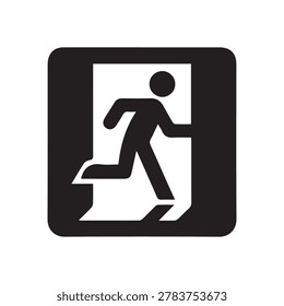 A black square with rounded corners contains a white silhouette of a person running through an open doorway, indicating an emergency exit.