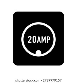 A black square with rounded corners featuring a white 20 AMP electrical outlet symbol on a plain white background.