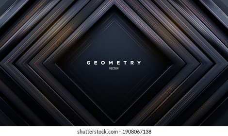 Black square shapes with golden anisotropic effect. Abstract geometric background. Vector 3d illustration. Concentric rectangles with brushed metal pattern. Elegant cover design