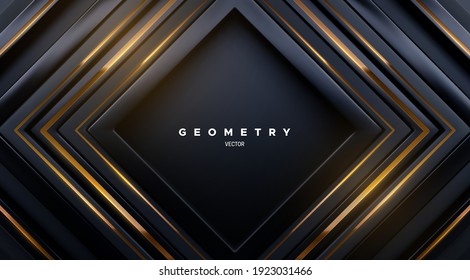 Black square shapes with golden stripes. Abstract geometric background. Vector 3d illustration. Concentric rectangles. Luxury cover design