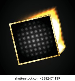 Black square shiny sign in a gold frame, the glow is directed to the side. Vector object