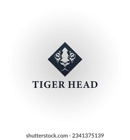 Black square silhouette tiger head logo design inspiration. Simple Minimalist Tiger Lion Face Scoop Shovel Spade for Poker Game Sports Logo Design Vector