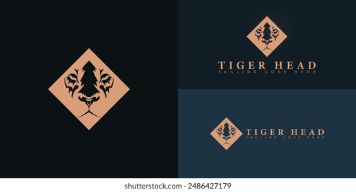 Black square silhouette tiger head logo in gold color isolated on multiple background colors. The logo is suitable for business and finance logo vector design illustration inspiration templates.