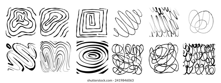 Black square stickers with various hand-drawn pencil crosshatch textures. Vector Naive Doodle Patterns. Design elements for social media posts