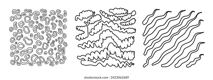 Black square stickers with various hand-drawn pencil crosshatch textures. Vector Naive Doodle Patterns. Design elements for social media posts