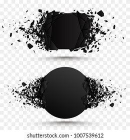 Black square stone with debris isolated. Abstract black explosion. Geometric illustration. Vector square and circle destruction shapes with debris isolated on checkered background.