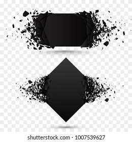 Black Square Stone With Debris Isolated. Abstract Black Explosion. Geometric Background. Vector Illustration