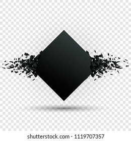 Black square stone with debris isolated. Abstract black explosion. Geometric background. Vector illustration