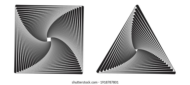 Black square and triangle with halftone dots. Spiral in geometrical form.