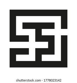 Black square vector maze icon isolated on white background. Easy labyrinth. Vector maze icon. Labyrinth symbol. Kids puzzle