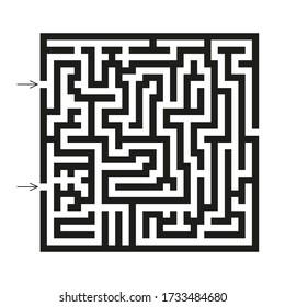 Black square vector maze isolated on white background. Black labyrinth with two entrances. Vector maze icon. Labyrinth symbol. Kids puzzle
