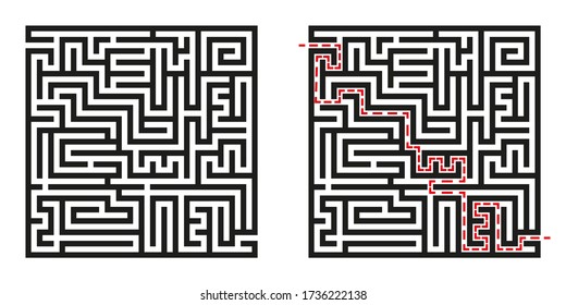 Black square vector maze and solution isolated on white background. Black labyrinth with one way. Vector maze icon. Labyrinth symbol. Kids puzzle with solution