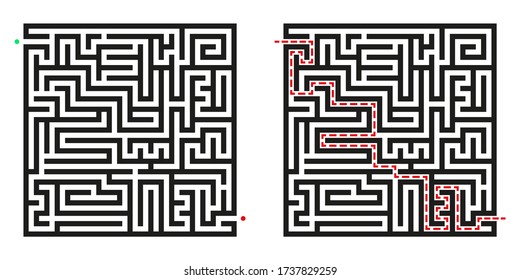 Black square vector maze and solution isolated on white background. Black labyrinth with one way. Vector maze icon. Labyrinth symbol. Kids puzzle with solution
