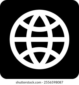 Black square with a white globe icon, showing a circle with intersecting lines, symbolizing the Earth or global network.