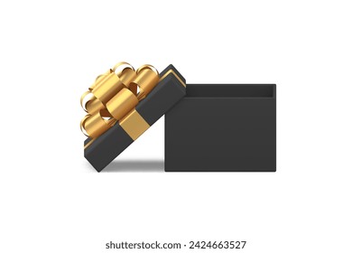 Caja de regalo de lujo abierta cuadrada negra con cinta de lazo de arco dorado regalo festivo icono 3d ilustración vectorial realista. Paquete envuelto elegante de moda masculino sorpresa de vacaciones felicitaciones de aniversario de cumpleaños