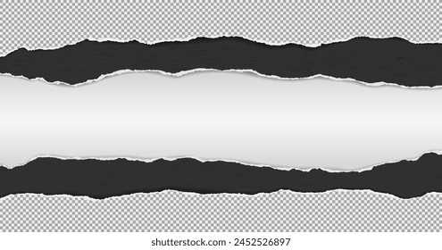 Black and squared torn paper strips with soft shadow are on white background. Vector illustration.