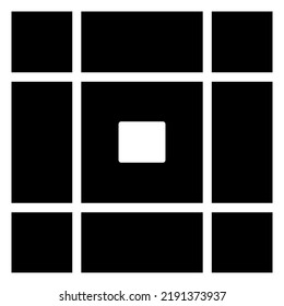 Schwarze Quadrate in Reihen auf weißem Hintergrund.
