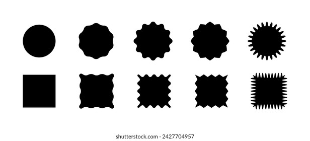 Black squares and circle with wavy edges collection. Jagged design elements set for Tags, labels, stickers, badges, stamps rectangular shapes