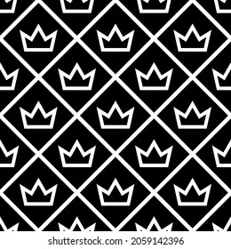 Black squares, rhombuses and crowns isolated on white background. Monochrome geometric seamless pattern. Vector simple flat graphic illustration. Texture.