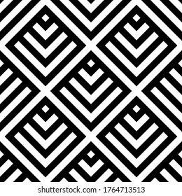 Black squares and rhombuses isolated on white background. Monochrome graphic linear seamless pattern. Vector flat illustration. Texture.