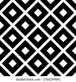 Black squares and rhombuses isolated on white background. Geometric monochrome seamless pattern. Vector graphic flat illustration. Texture.