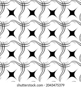 Black squares with wavy line and stars. Fashion graphic design. Modern stylish texture. Monochrome template for prints, textiles, wrapping, wallpaper, banner, business, etc. Vector illustration