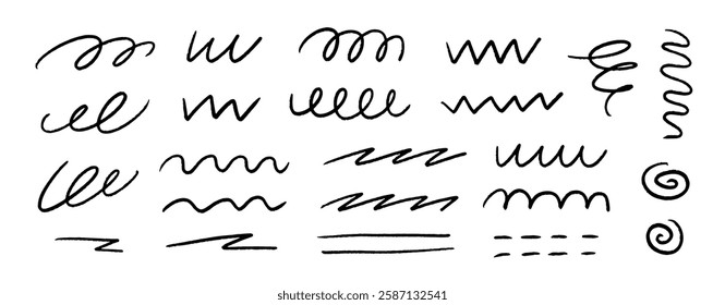 Black squiggle brush stroke set. Scribbled wiggle stripes and lines collection. Hand drawn pen or pencil curly brushstrokes. Grunge charcoal swirls, waves and spirals for decoration, emphasis. Vector