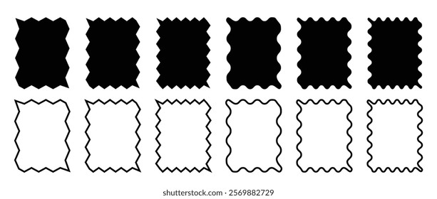 black squiggle frames set. Zigzag wavy edges, retro frames, psychedelic rectangles, photo frames, mirror border. Vector groovy shapes set of wave borders.