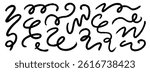 Black squiggle paint line set. Wiggly brush stroke collection. Charcoal curly flourish pack for highlight, underline, emphasis. Organic crayon chalk wavy strips. Vector rough scribble swoosh stripes